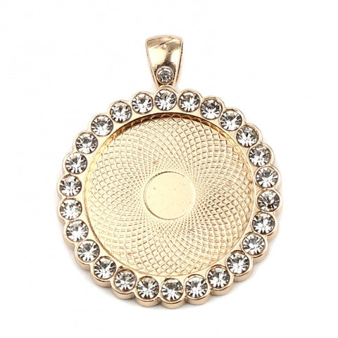 2pc KC Gold Plated Cabochon Settings / Clear Rhinestones (Fits 25mm Dia.) 1" Circle Pendant