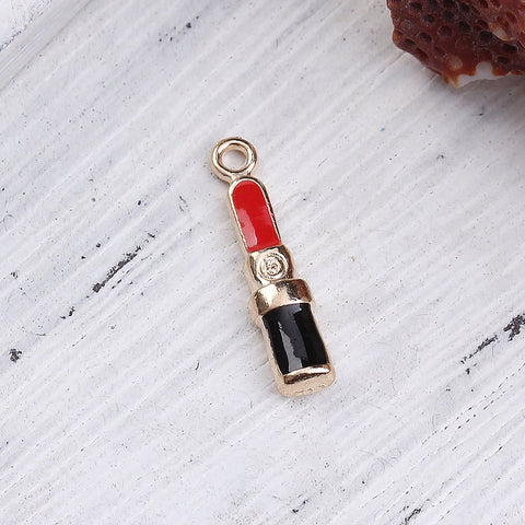 6pc Lipstick / Makeup (Gold Plated Black & Red) Charms (0116-1)