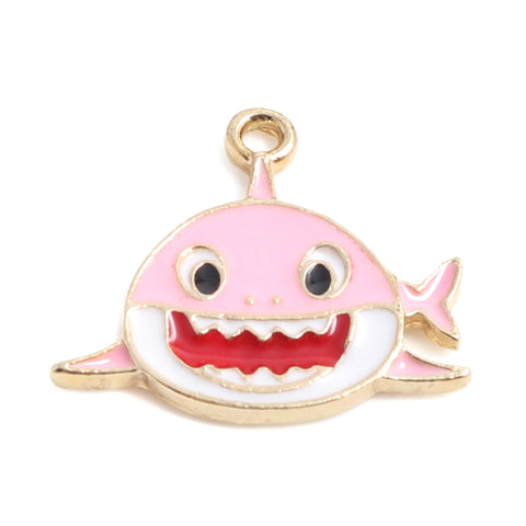 3pc Pink Shark / Enamel Charm / Gold Plated (0026)