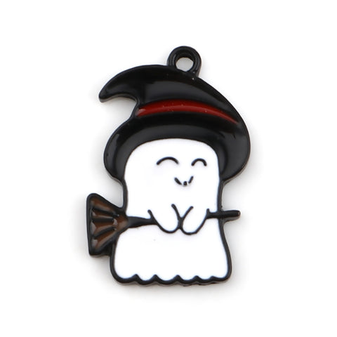 5pc Ghost with Witches Hat & Broom / Black Plated / Halloween Charms (0007-2)