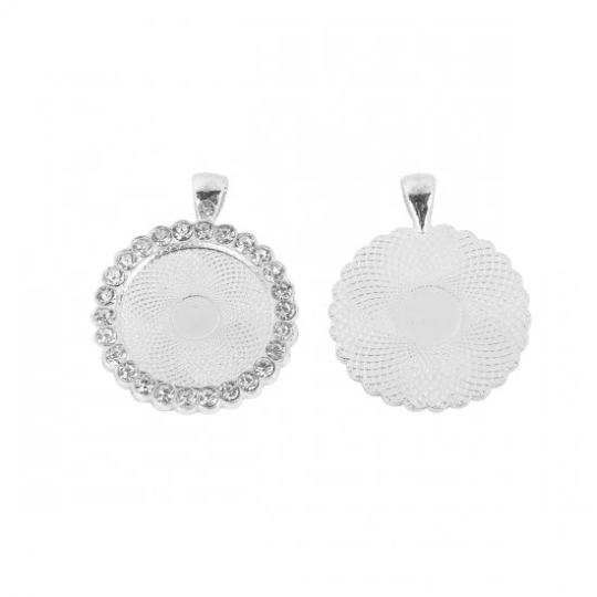 2pc Silver Cabochon Settings / Clear Rhinestones (Fits 25mm Dia.) Pendant