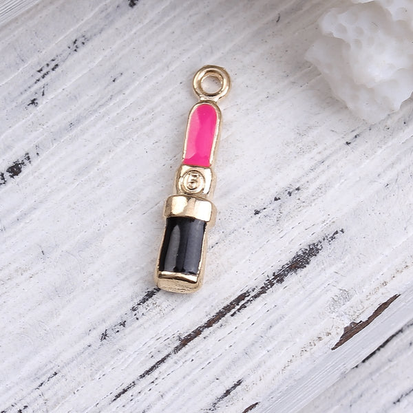 6pc Lipstick / Makeup (Gold Plated Black & Fuchsia) Charms (0116-2)