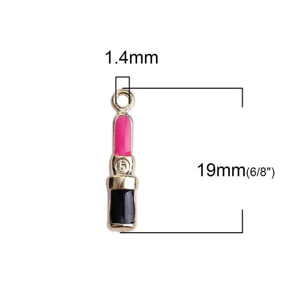 6pc Lipstick / Makeup (Gold Plated Black & Fuchsia) Charms (0116-2)