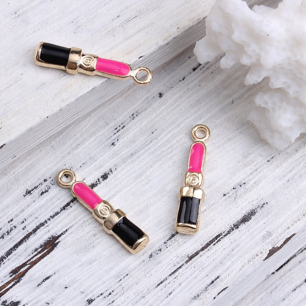 6pc Lipstick / Makeup (Gold Plated Black & Fuchsia) Charms (0116-2)