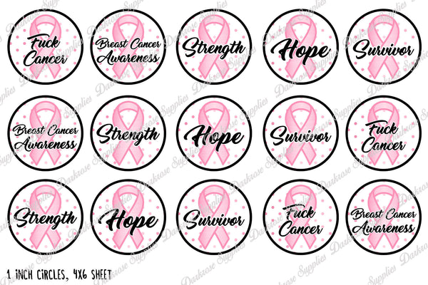 INSTANT DOWNLOAD- Breast Cancer Awareness 4x6 Digital Printable 1 Inch Circle Bottle Cap Images