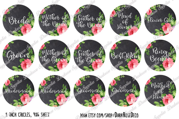 INSTANT DOWNLOAD- Wedding, Bridal Party 4x6 Digital Printable 1 Inch Circle Bottle Cap Images Chalk
